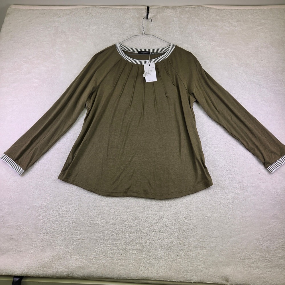 Merokeety Womens XL Olive Green Long Sleeve Pleated Top Striped Trim Crew Neck